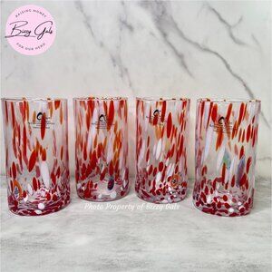 4 Murano Red White Orange Confetti Drinking Glasses Italy